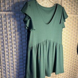 Green Ribbed V-Neck Dress with Ruffle Sleeves